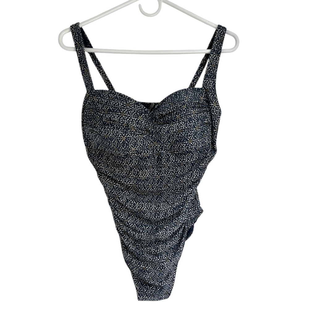 BondEye Australia Blue Gold Print Ruched One Piece Bathing Suit Swimsuit 10 DD